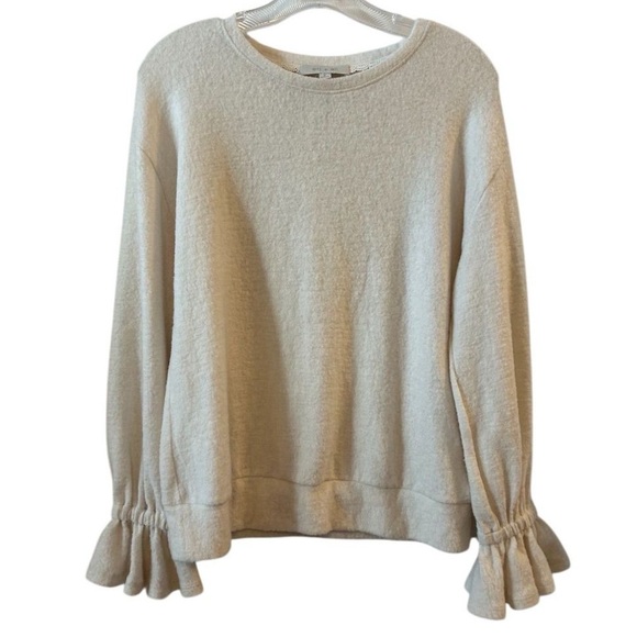 Anthropologie Eri + Ali Women's Ruffle Sleeve Cream Sweater Soft Fuzzt Size S - Picture 1 of 7